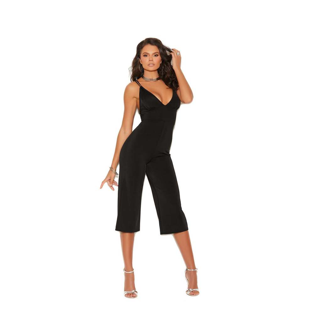 Deep V lycra jumpsuit with double adjustable straps and back zipper closure.